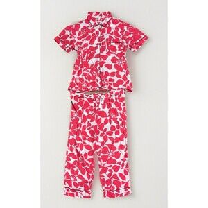 J Crew Size L- XL Pajama Set Short Sleeve Drawstring Pants Red Floral Tropical